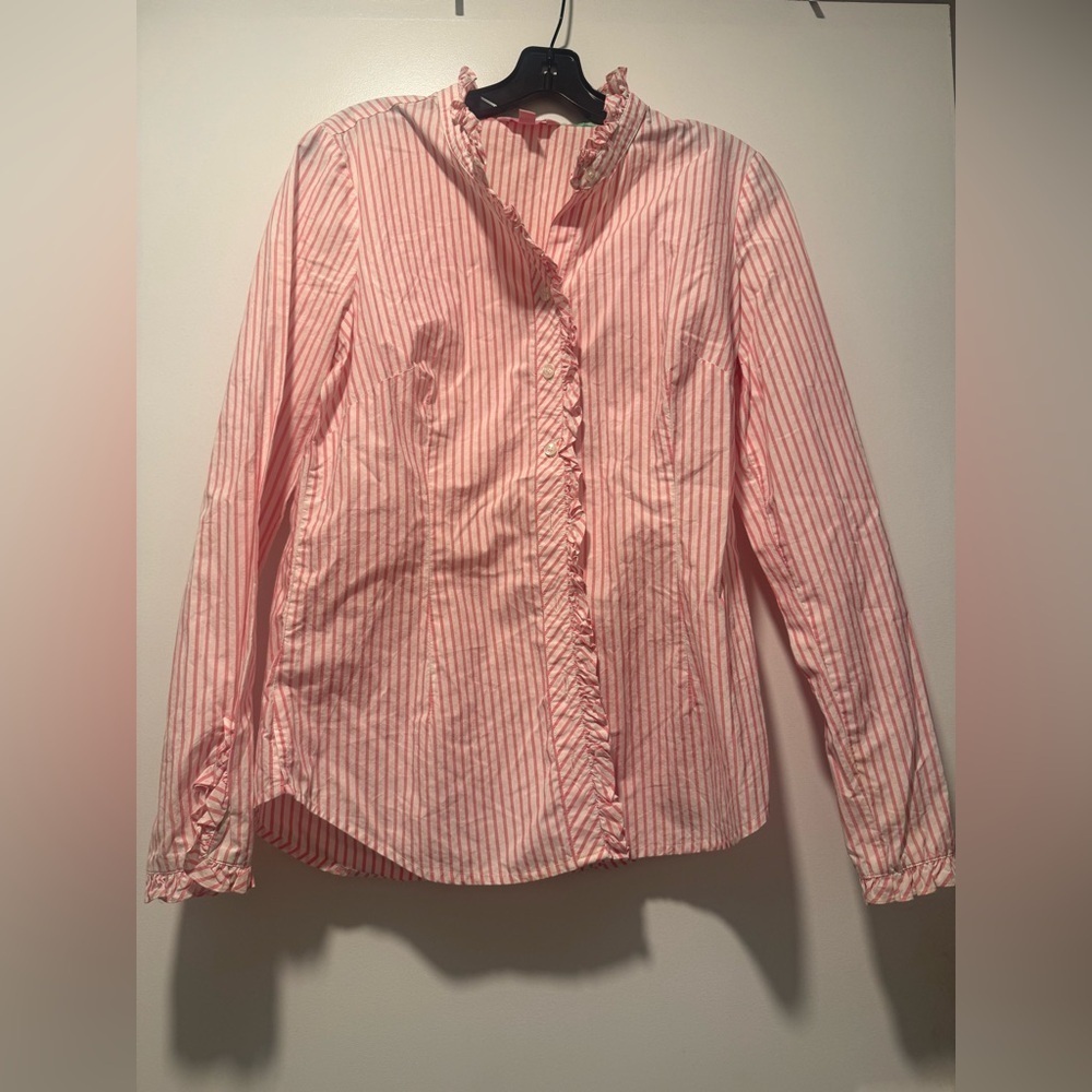 Lilly Pulitzer Pink Striped 100% Cotton Button Down Ruffle Shirt Blouse Sz 8 - Picture 2 of 5